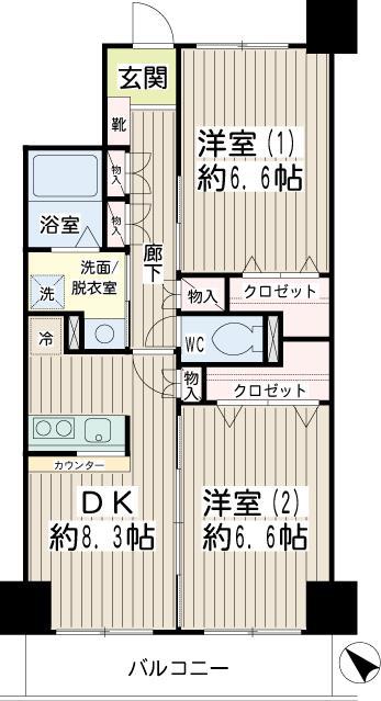 スカイ61(2DK/10階)の間取り写真