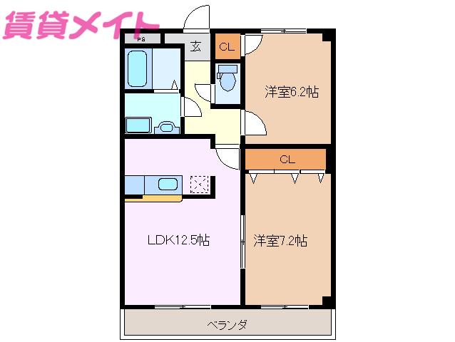 ルシェンテ下之宮(2LDK/2階)の間取り写真