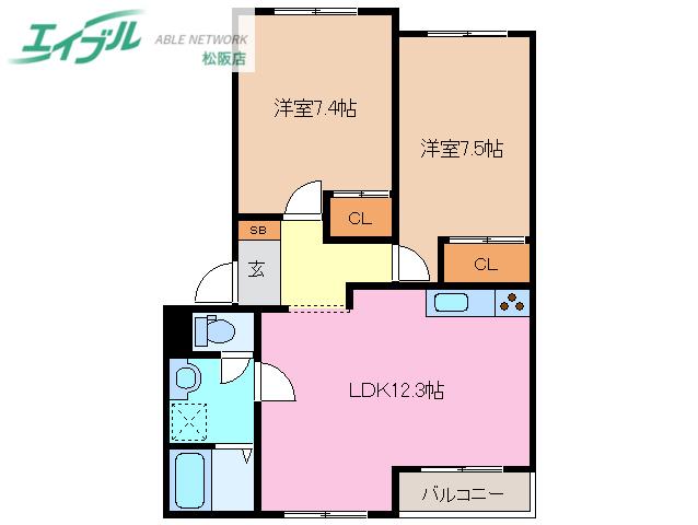 グリーンコーポ セブンズ シルクD(2LDK/2階)の間取り写真