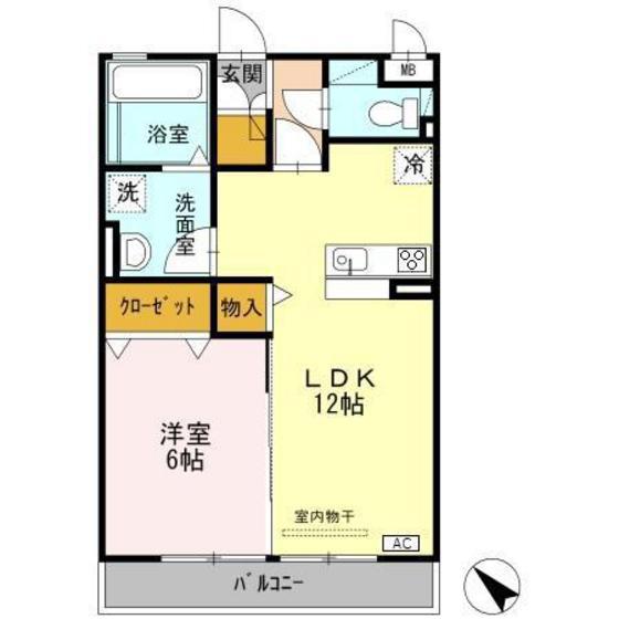 ロータス富山(1LDK/2階)の間取り写真