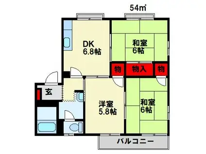 ドエル鴨生田 B棟(3DK/1階)の間取り写真