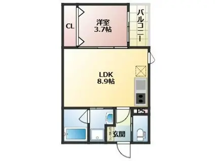 久留米市西町1193 E棟(1LDK/3階)の間取り写真