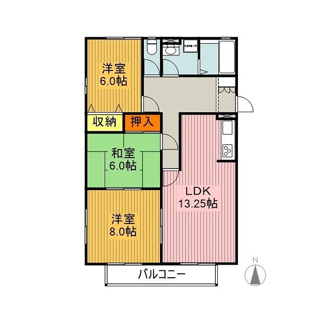 セントラルヒルズ B棟(3LDK/2階)の間取り写真