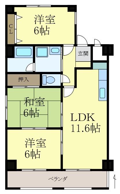 岡長マンション(3LDK/2階)の間取り写真