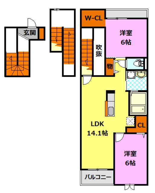 ビオーラ上三川(2LDK/3階)の間取り写真