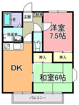 ハイツエウルウッズ B棟(2DK/1階)の間取り写真