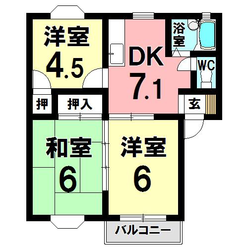 西坂ハイツ B棟(3DK/2階)の間取り写真