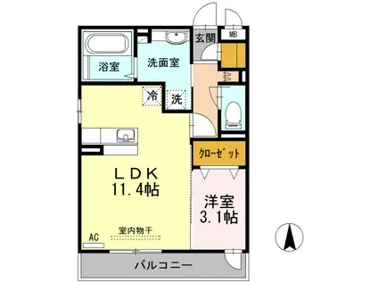 KRANE B棟(1LDK/3階)の間取り写真