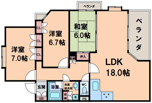 CITY SPIRE夕陽丘(3LDK/2階)の間取り写真