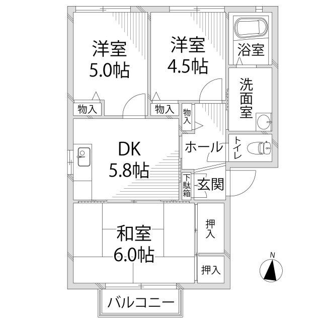 レジデンス新在家(3DK/2階)の間取り写真