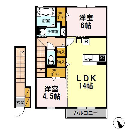 北野翠亭/エアリクス北野翠亭I(2LDK/2階)の間取り写真