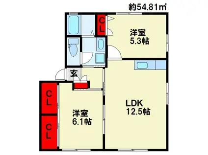ラルジェおぐら A棟(2LDK/1階)の間取り写真