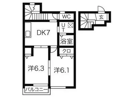 アメリカンアパートメントハウス A棟・B棟(2DK/2階)の間取り写真