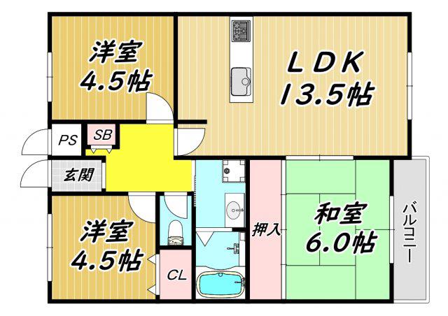 グリーンコート野間(3LDK/3階)の間取り写真