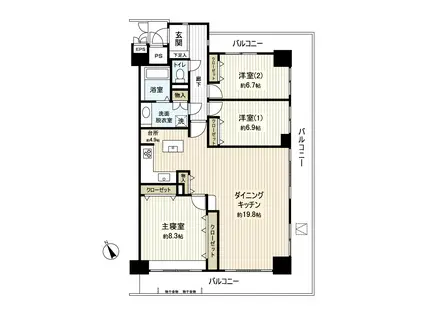 ロイヤルパレス台原森林公園(3LDK/6階)の間取り写真