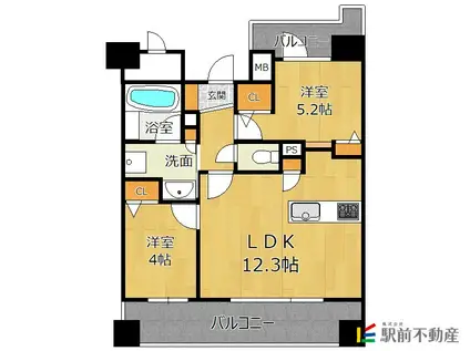 グランフォーレ千早マークスクエアウエスト(2LDK/2階)の間取り写真