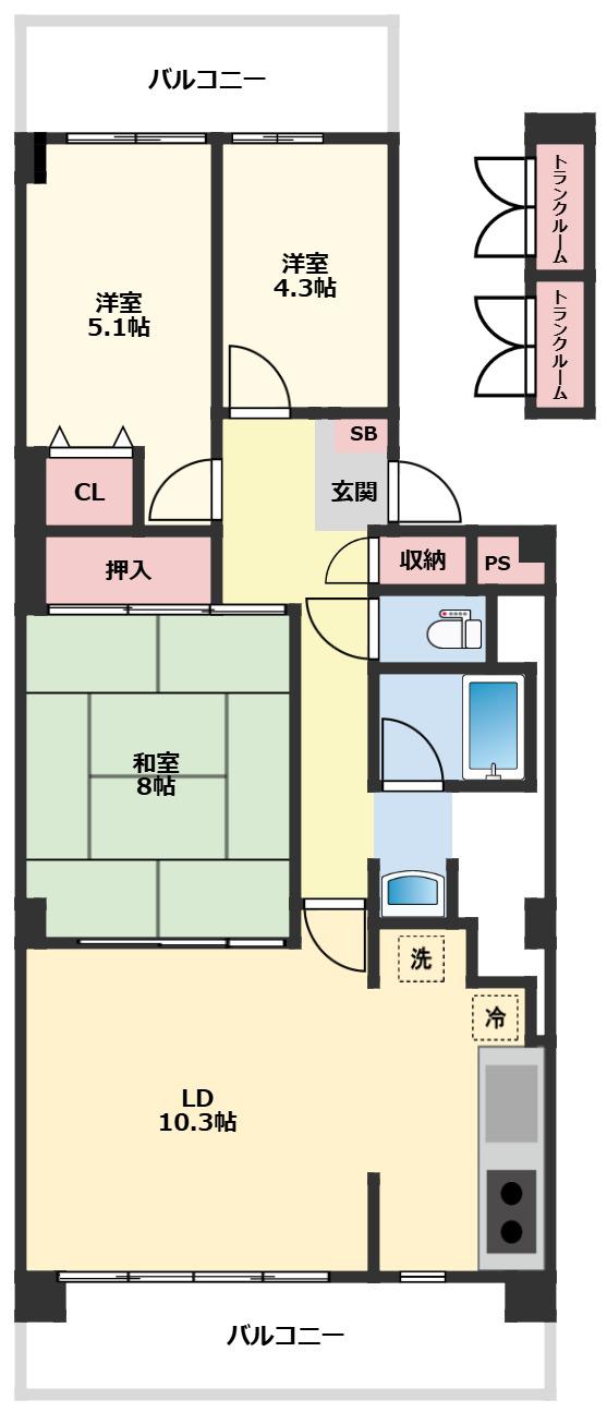 グレースハイツ船橋(3LDK/5階)の間取り写真