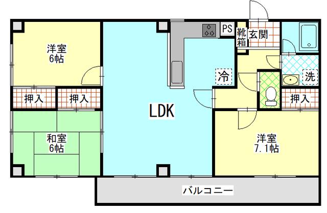 US FLAT(3LDK/3階)の間取り写真
