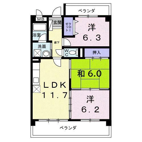 パラマウントビレッジ東岩田 A(3LDK/1階)の間取り写真