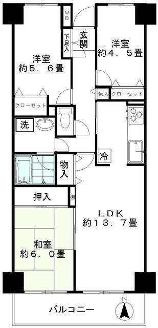 ジュネス(3LDK/5階)の間取り写真