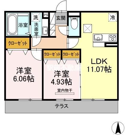 ウエストヒルズ萩II(2LDK/1階)の間取り写真