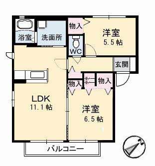 グラスガーデンC棟(2LDK/2階)の間取り写真