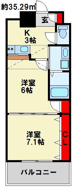 NO.65クロッシングタワー(2K/10階)の間取り写真