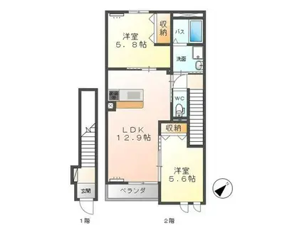 ピエトラ・ディーオI(2LDK/2階)の間取り写真