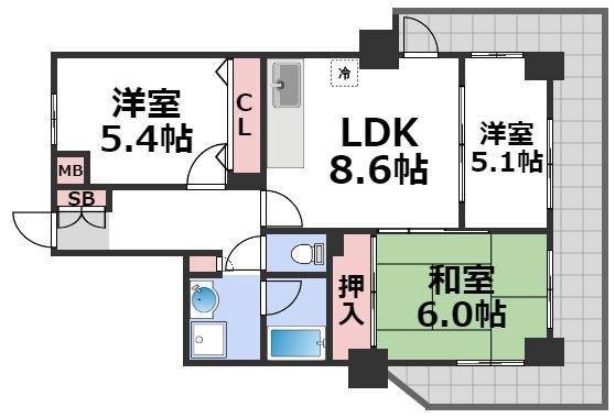 第一玉造(3LDK/6階)の間取り写真