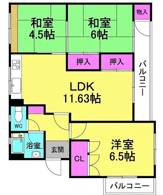 鈴谷3棟(3LDK/3階)の間取り写真
