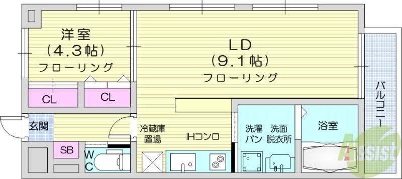 ヴィアーレ木ノ下二丁目(1LDK/5階)の間取り写真