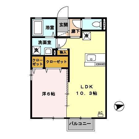 グリーンヒル・ヴァンB棟(1LDK/2階)の間取り写真