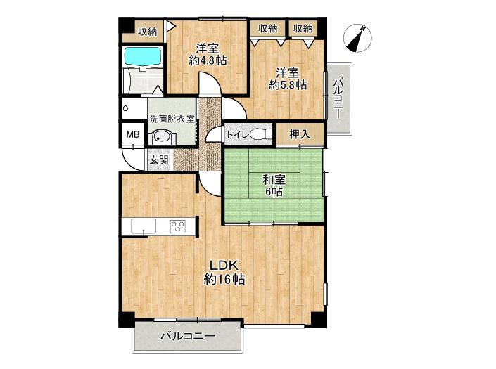 グランパス富田林(3LDK/1階)の間取り写真