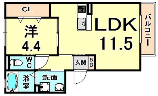 エスポワール杭瀬(1LDK/2階)の間取り写真