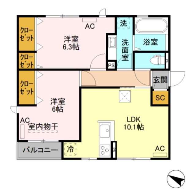 アルカサール 弐番館(2LDK/1階)の間取り写真