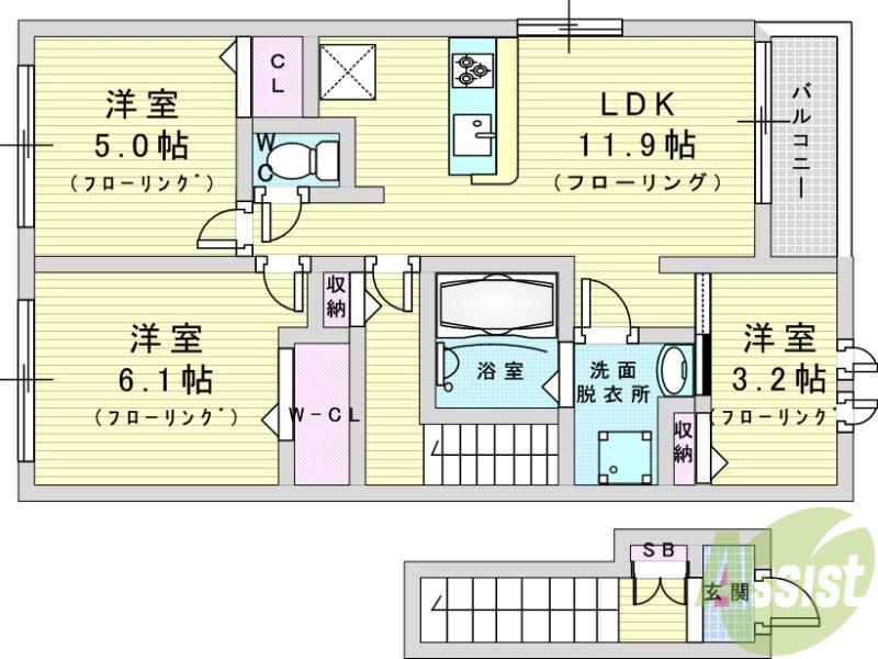 鳥飼下2丁目アパート(3LDK/2階)の間取り写真