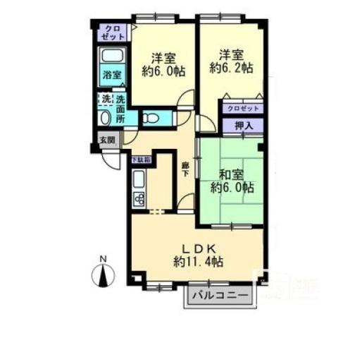 フォブール牧野A棟(3LDK/2階)の間取り写真