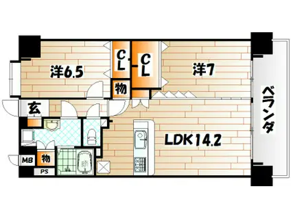 ニューリバー三萩野(2LDK/9階)の間取り写真