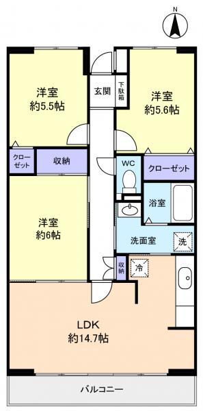 ルーチェ緑が丘B(3LDK/1階)の間取り写真