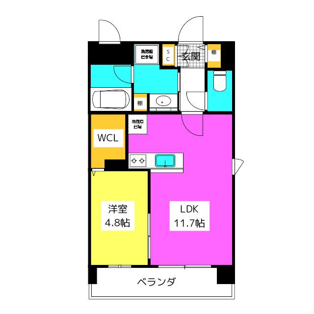アトリオフラッツ井尻(1LDK/4階)の間取り写真