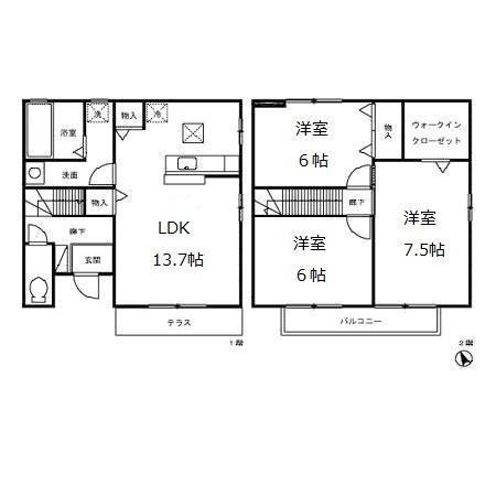 キャトルスクアール本宮 A(3LDK/2階)の間取り写真