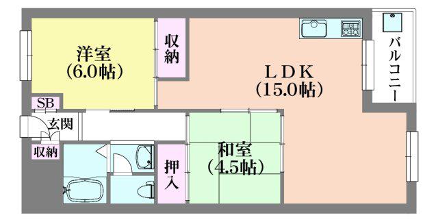 夢野ハイタウン1号棟(2LDK/4階)の間取り写真