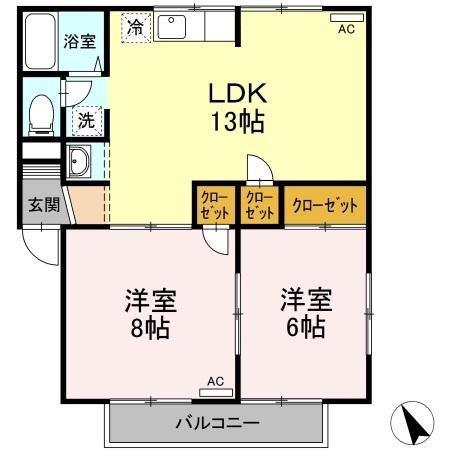 シャインポート屋島AD棟D棟(2LDK/2階)の間取り写真