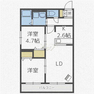アルファスクエア平岸4条(2LDK/2階)の間取り写真