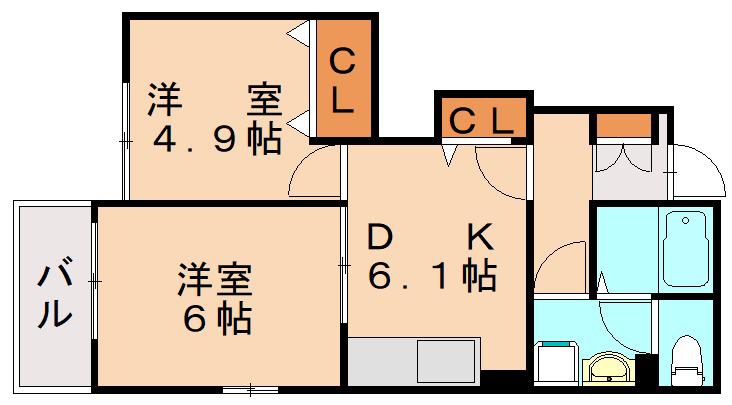 グランピエールD棟(2DK/1階)の間取り写真
