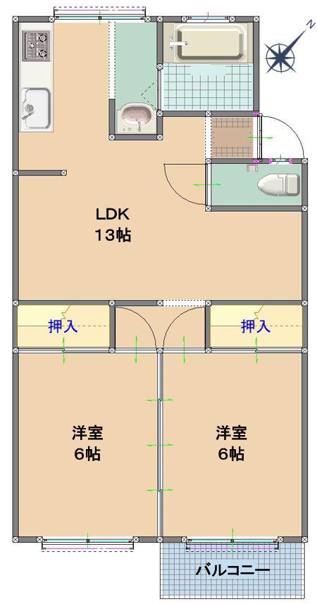 城ヶ丘マンション(2LDK/1階)の間取り写真