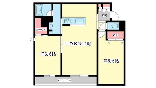 シャーメゾン オークルート五位堂(2LDK/2階)の間取り写真