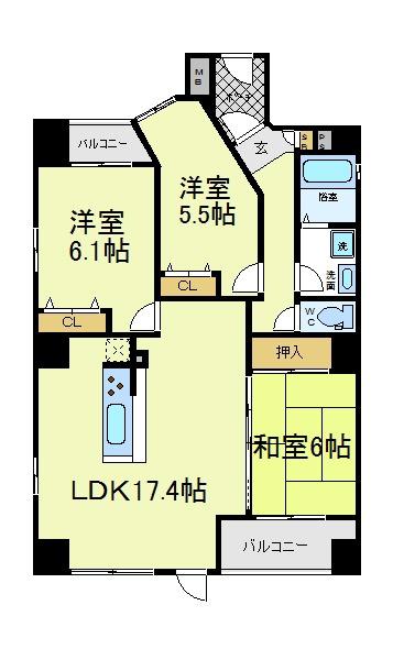 グランドシーズ心斎橋(3LDK/5階)の間取り写真