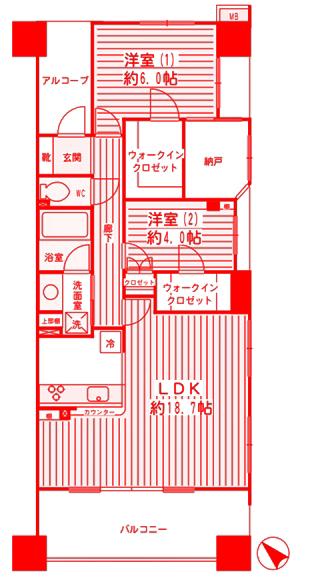カワサキアイランドスイート(2LDK/16階)の間取り写真