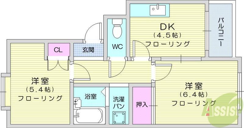 ロイヤルヒルズ南仙台(2DK/2階)の間取り写真